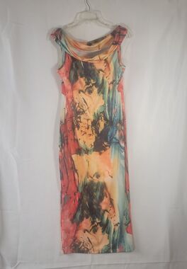 Vibrant Abstract Watercolor Sleeveless Cowl Neck Maxi Dress Orange Teal Size L